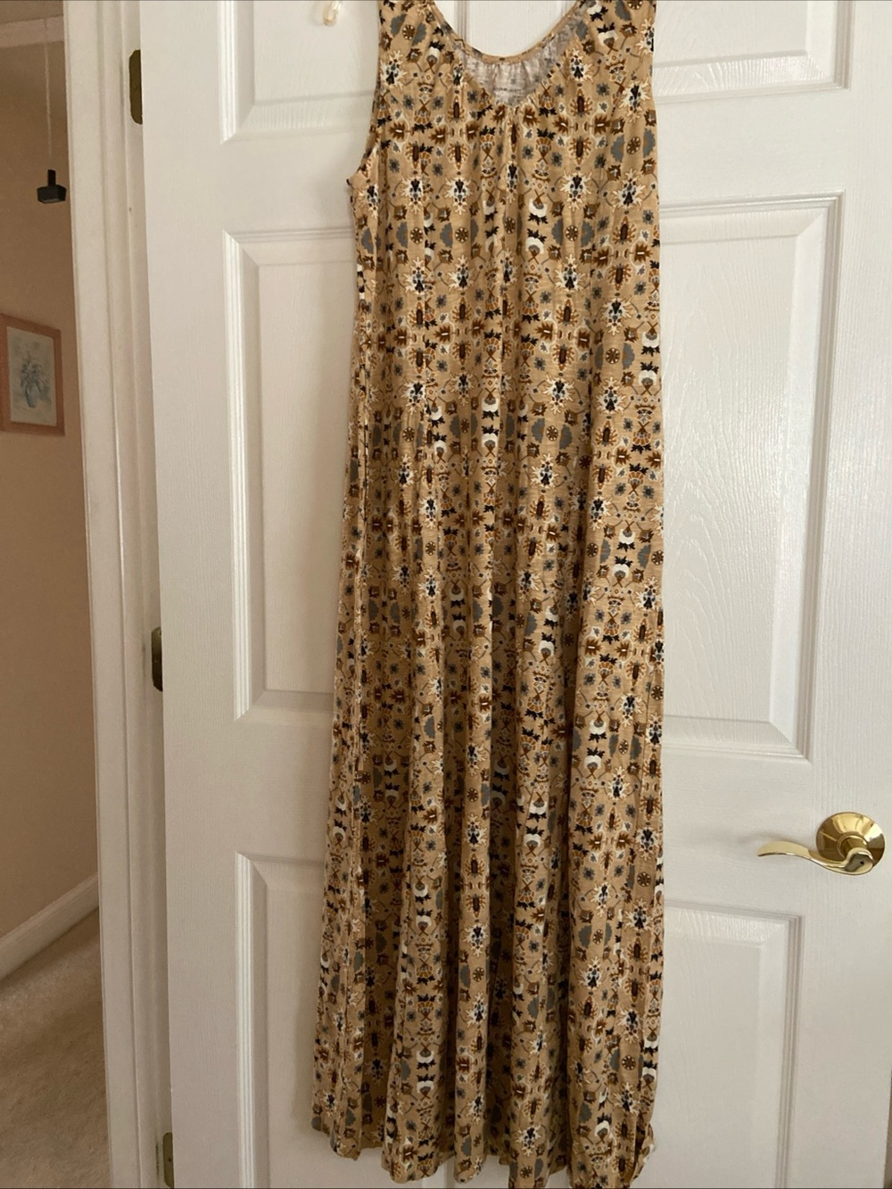 Canon Retreat Printed Cream and Light Blue Shirred V neck Maxi Dress Size S